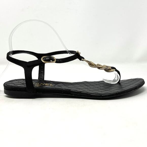 Chanel 09P Quilted Leather Gold Chain Thong Sandals Black Flat EU 38 - Picture 4 of 10